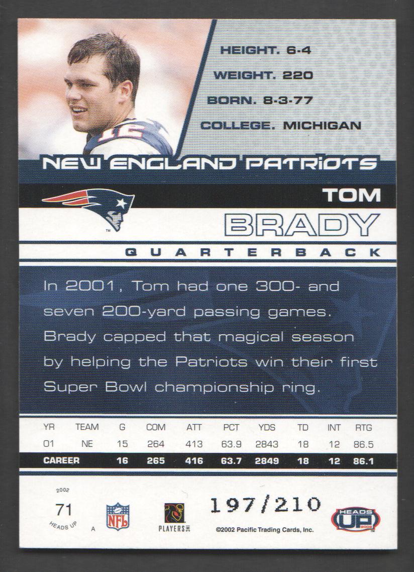 2002 Pacific Heads Up Blue #71 Tom Brady back image