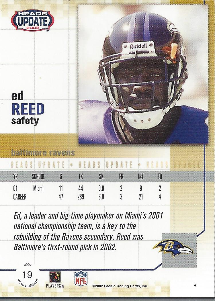 2002 Pacific Heads Update Blue #19 Ed Reed back image