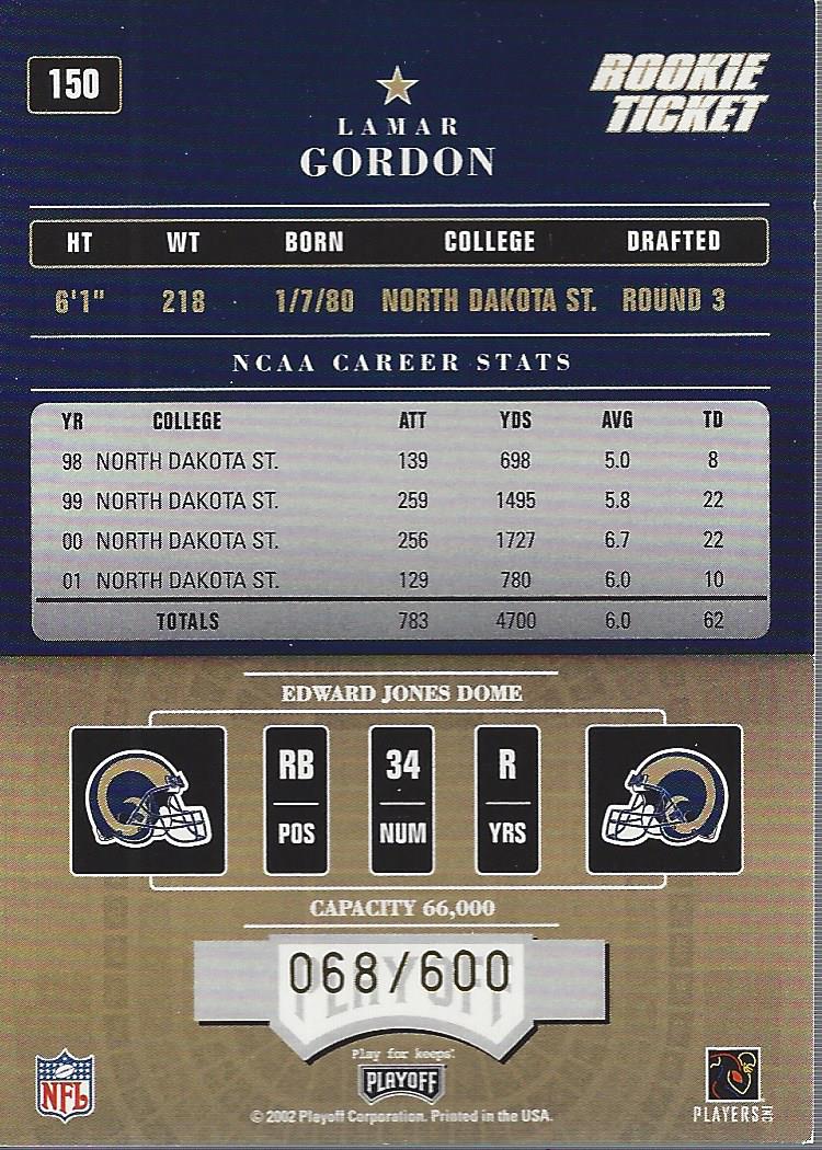 2002 Playoff Contenders #150 Lamar Gordon AU/600 RC back image