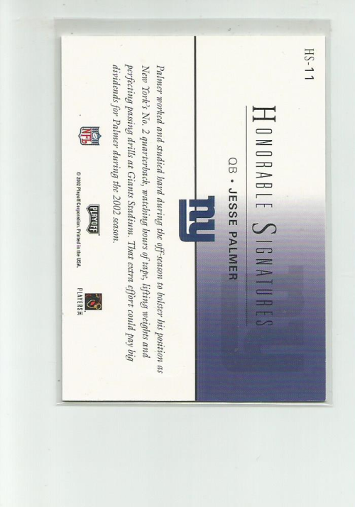 2002 Playoff Honors Honorable Signatures #HS11 Jesse Palmer back image