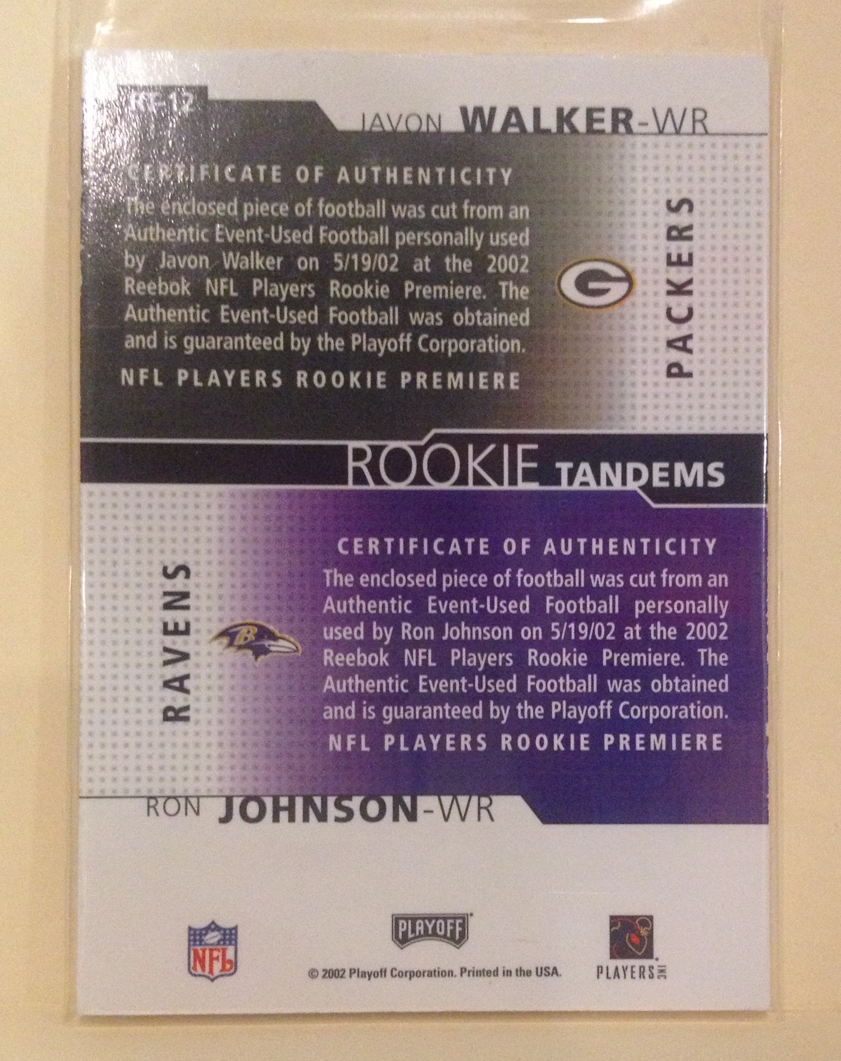 2002 Playoff Honors Rookie Tandems/Quads #RT12 Javon Walker/Ron Johnson back image