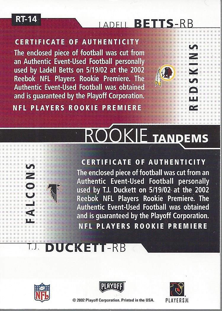 2002 Playoff Honors Rookie Tandems/Quads #RT14 T.J.Duckett/Ladell Betts back image
