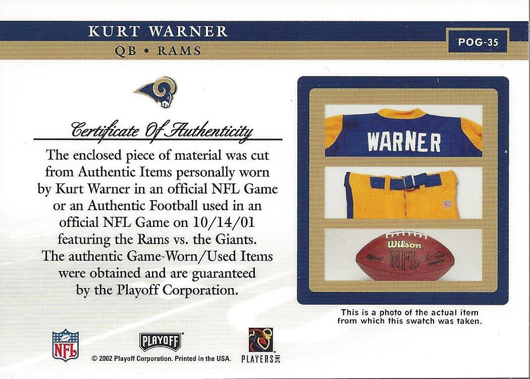 2002 Playoff Piece of the Game Materials #35P Kurt Warner Pants back image