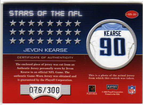 2002 Playoff Prestige Stars of the NFL Autographs #SN16 Jevon Kearse/90* back image
