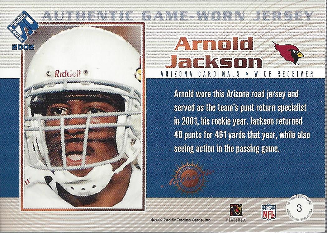 2002 Private Stock Game Worn Jerseys Logos #3 Arnold Jackson/168 back image