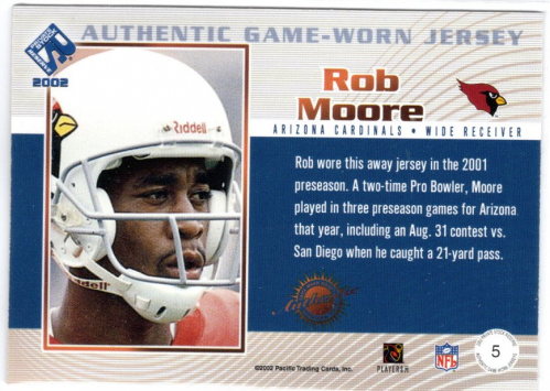 2002 Private Stock Game Worn Jerseys Logos #5 Rob Moore/170 back image