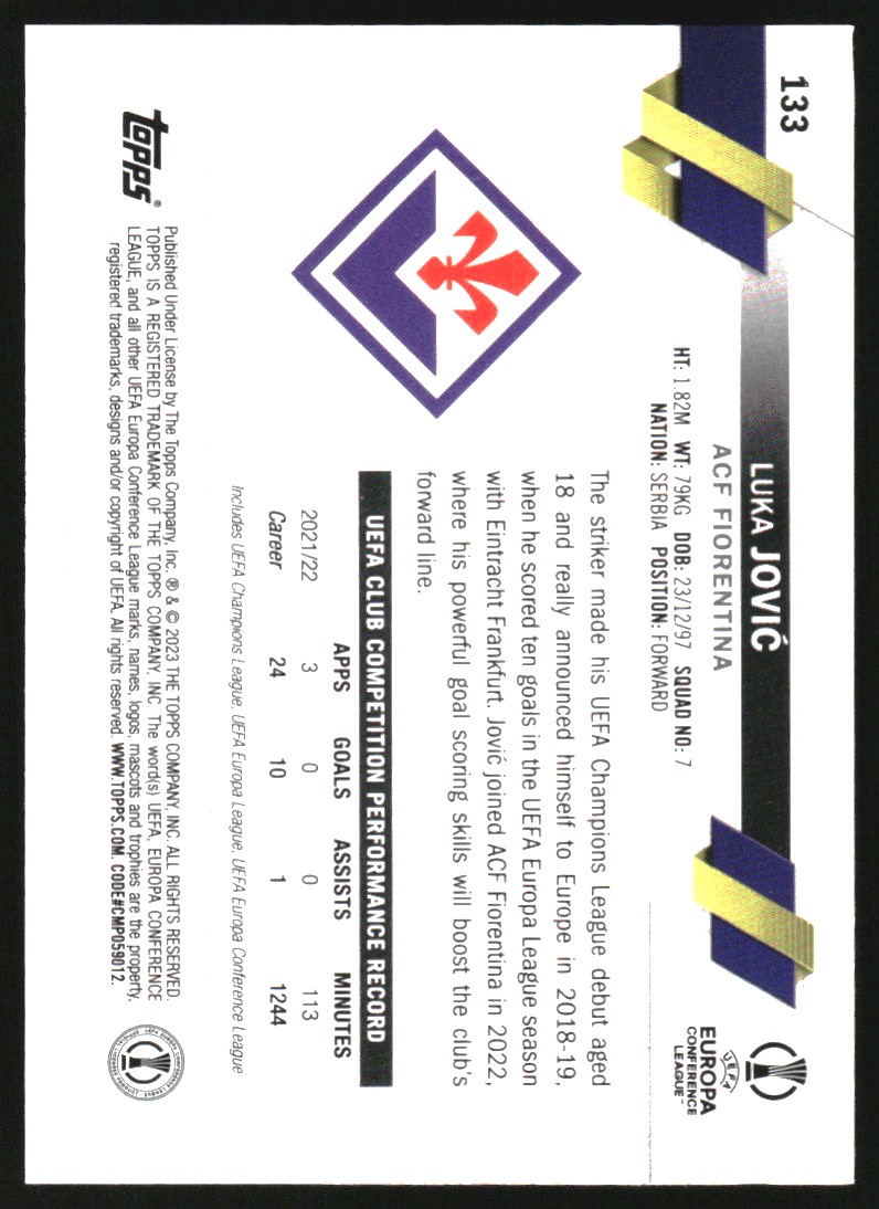 2022-23 Topps UEFA Club Competitions 1st Edition #133 Luka Jovic