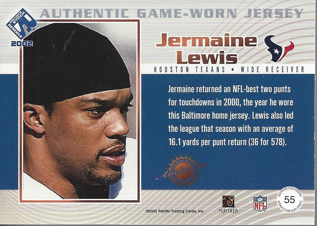 2002 Private Stock Game Worn Jerseys Numbers #55 Jermaine Lewis/84 back image
