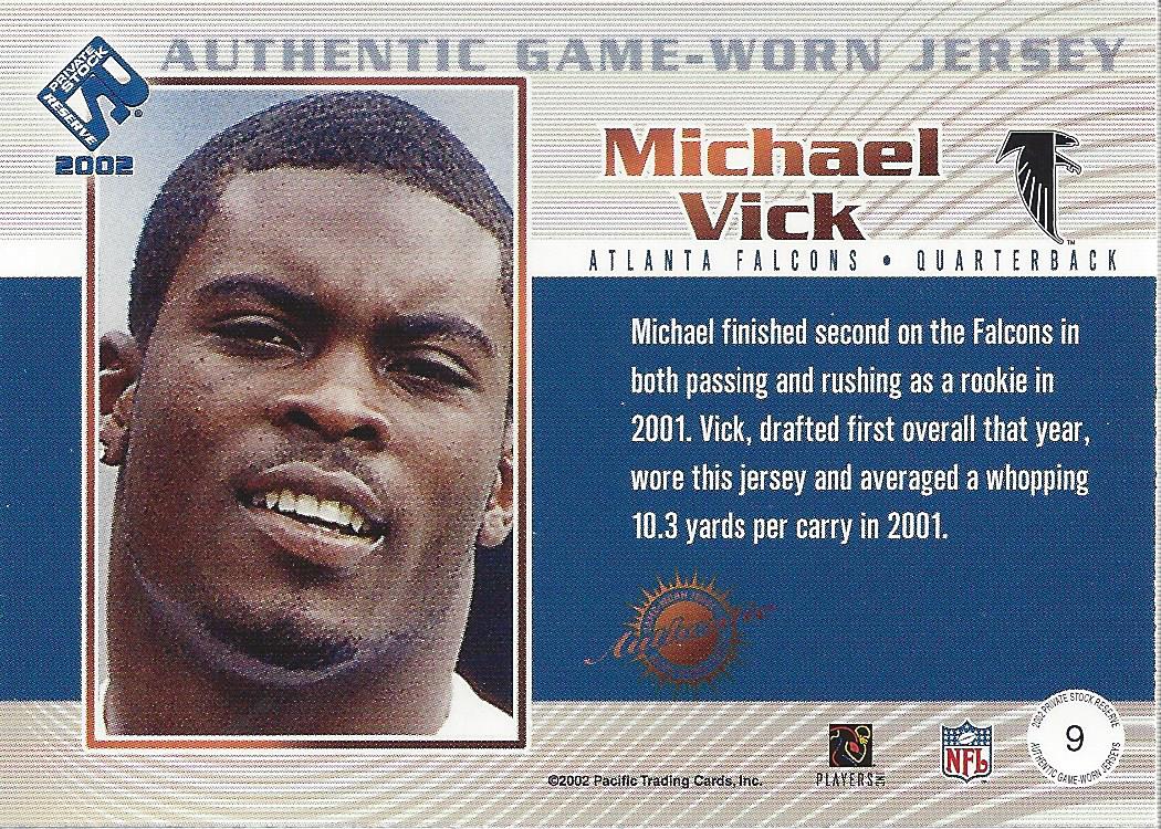 2002 Private Stock Game Worn Jerseys Patches #9 Michael Vick/18 back image