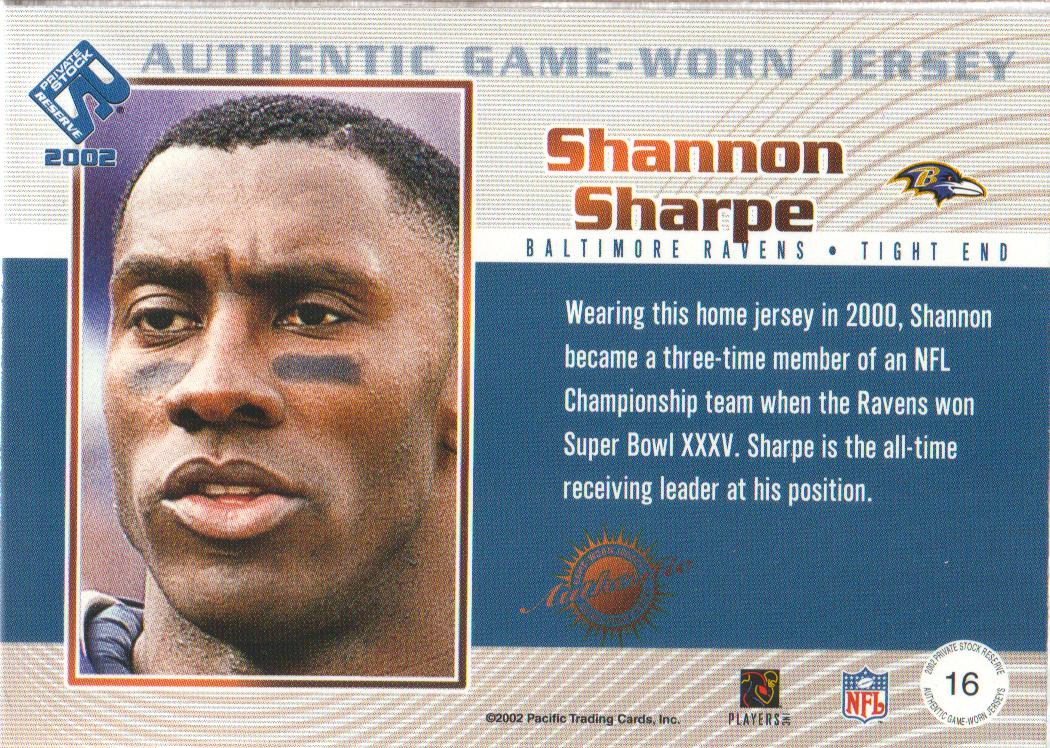 2002 Private Stock Game Worn Jerseys Patches #16 Shannon Sharpe/200 back image