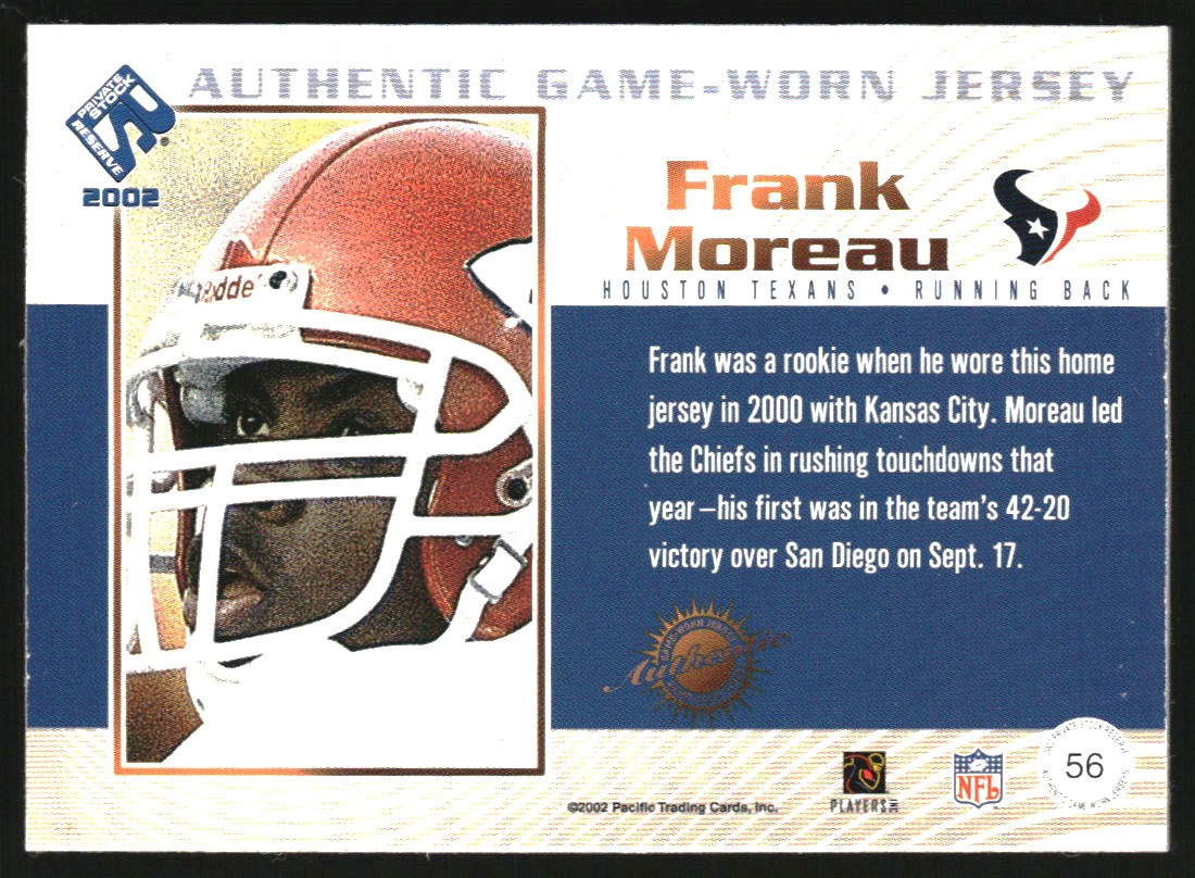 2002 Private Stock Game Worn Jerseys Patches #56 Frank Moreau/201 back image