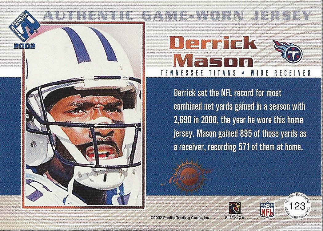 2002 Private Stock Game Worn Jerseys Patches #123 Derrick Mason/123 back image