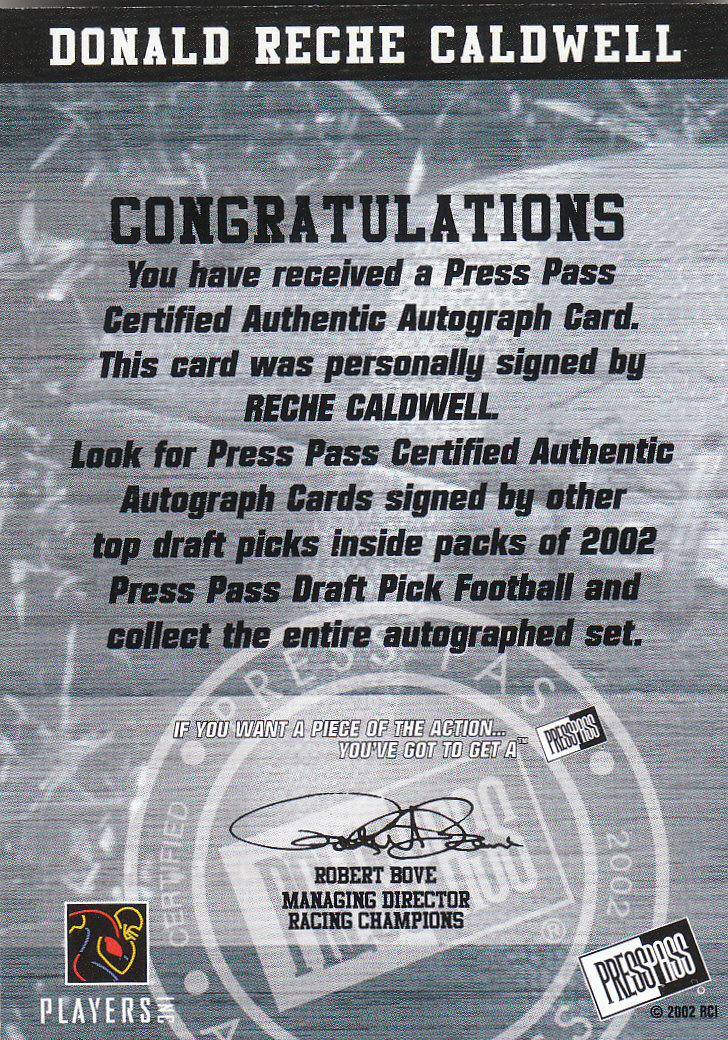 2002 Press Pass Autographs #4 Reche Caldwell back image