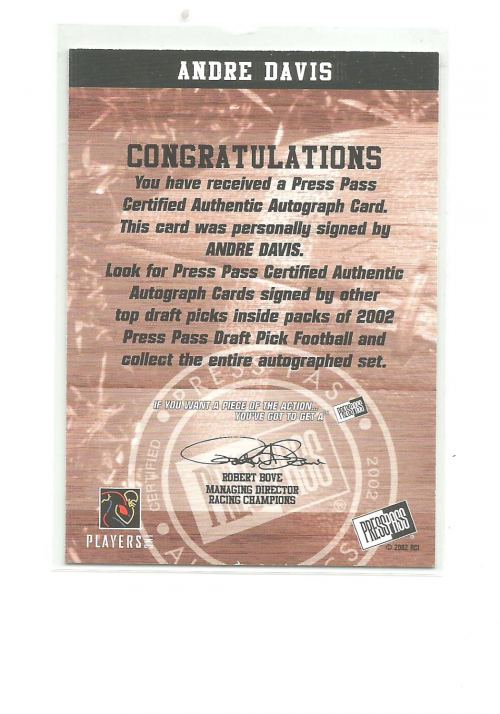 2002 Press Pass Autographs #10 Andre Davis back image