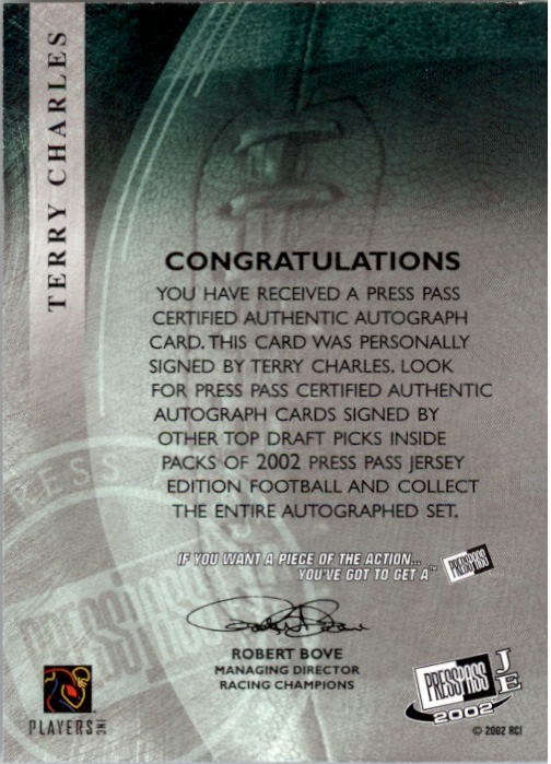 2002 Press Pass JE Autographs Silver #7 Terry Charles back image