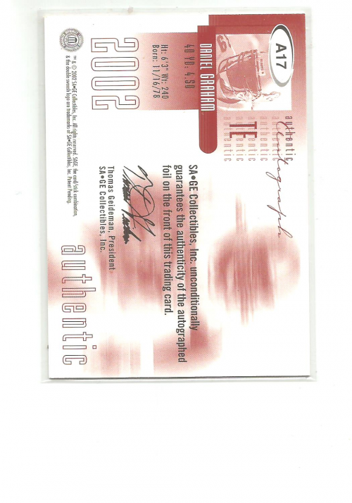2002 SAGE Autographs Red #A17 Daniel Graham/750 back image