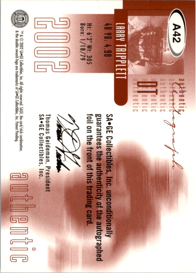 2002 SAGE Autographs Red #A42 Larry Tripplett/650 back image
