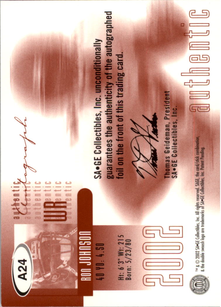 2002 SAGE Autographs Platinum #A24 Ron Johnson/50 back image