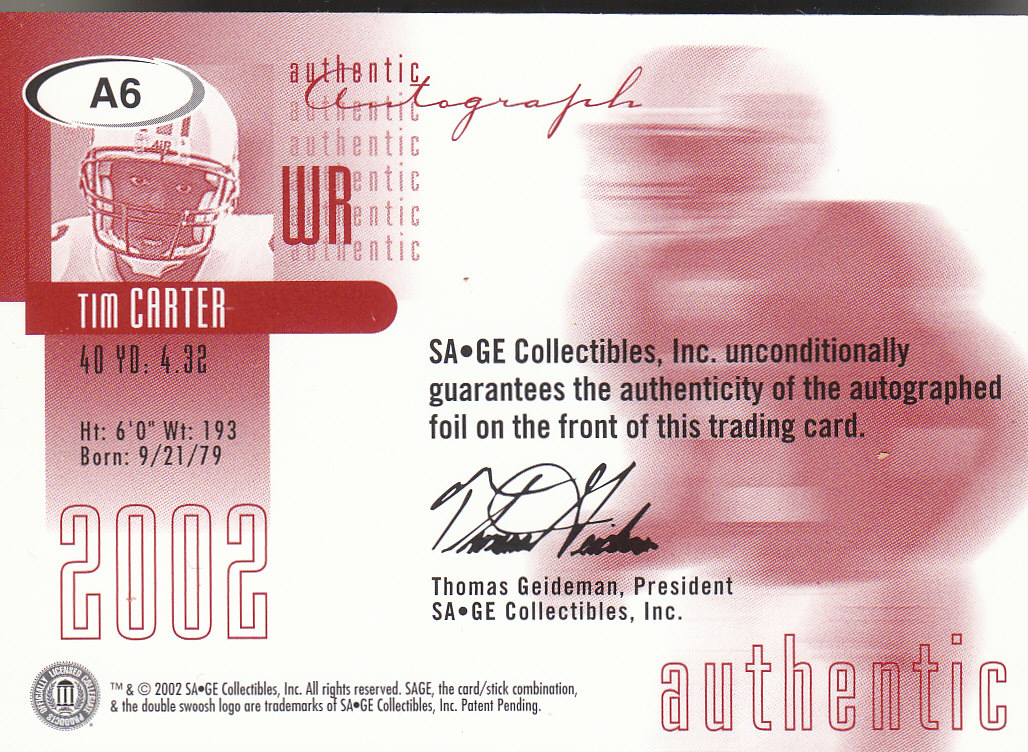Tarjetas de inserción de ""autógrafos"" de fútbol Sage 2002 - Imagen 11 de 13
