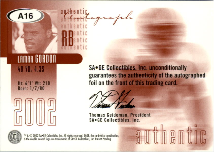 2002 SAGE Autographs Silver #A16 Lamar Gordon/360 back image