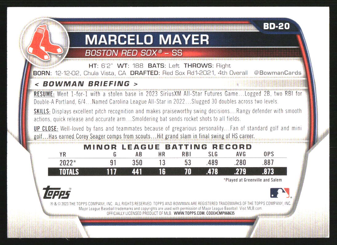 2023 Bowman Draft Aqua Pink Gradient #BD20 Marcelo Mayer
