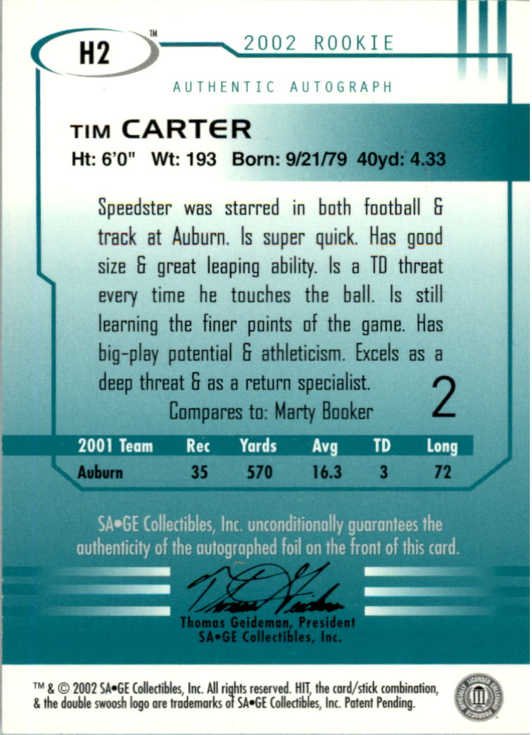 2002 SAGE HIT Autographs Emerald #H2 Tim Carter back image