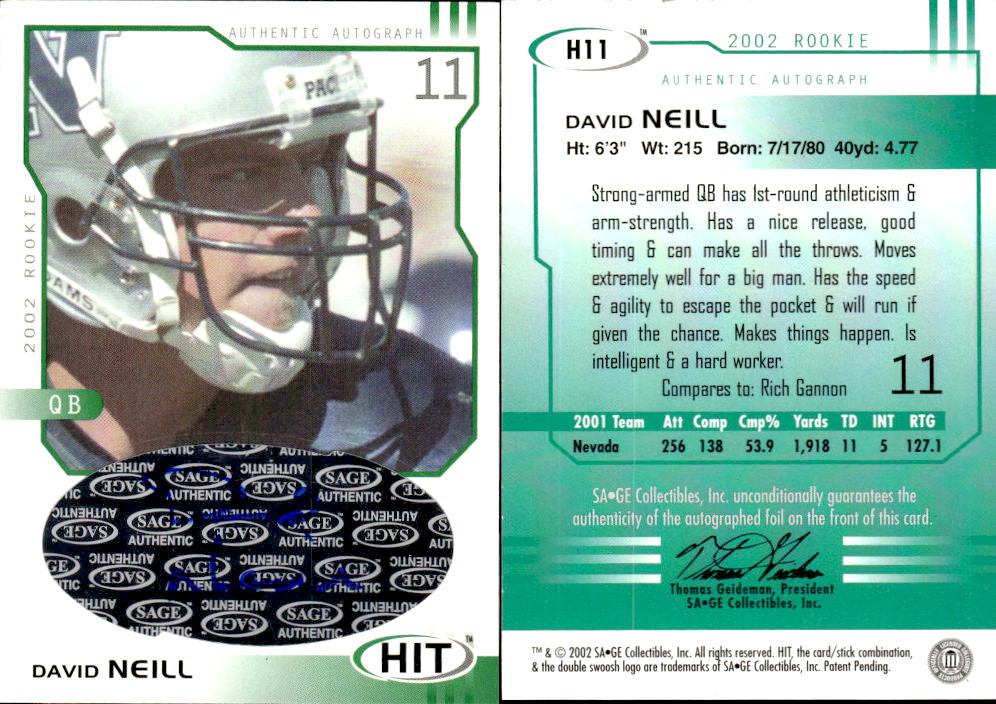 2002 SAGE HIT Autographs Emerald #H11 David Neill