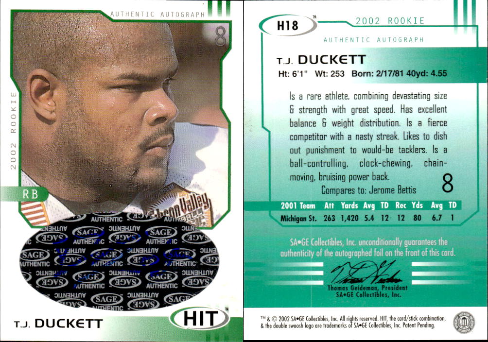 2002 SAGE HIT Autographs Emerald #H18 T.J. Duckett