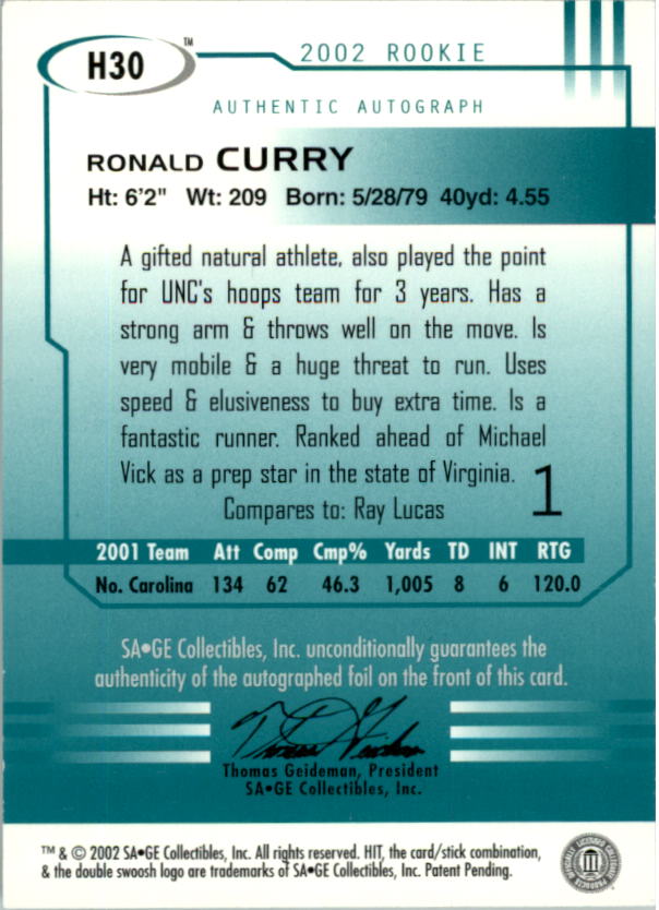 2002 SAGE HIT Autographs Emerald #H30 Ronald Curry back image