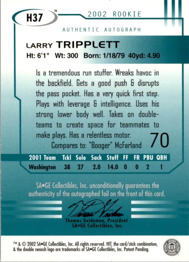 2002 SAGE HIT Autographs Emerald #H37 Larry Tripplett back image