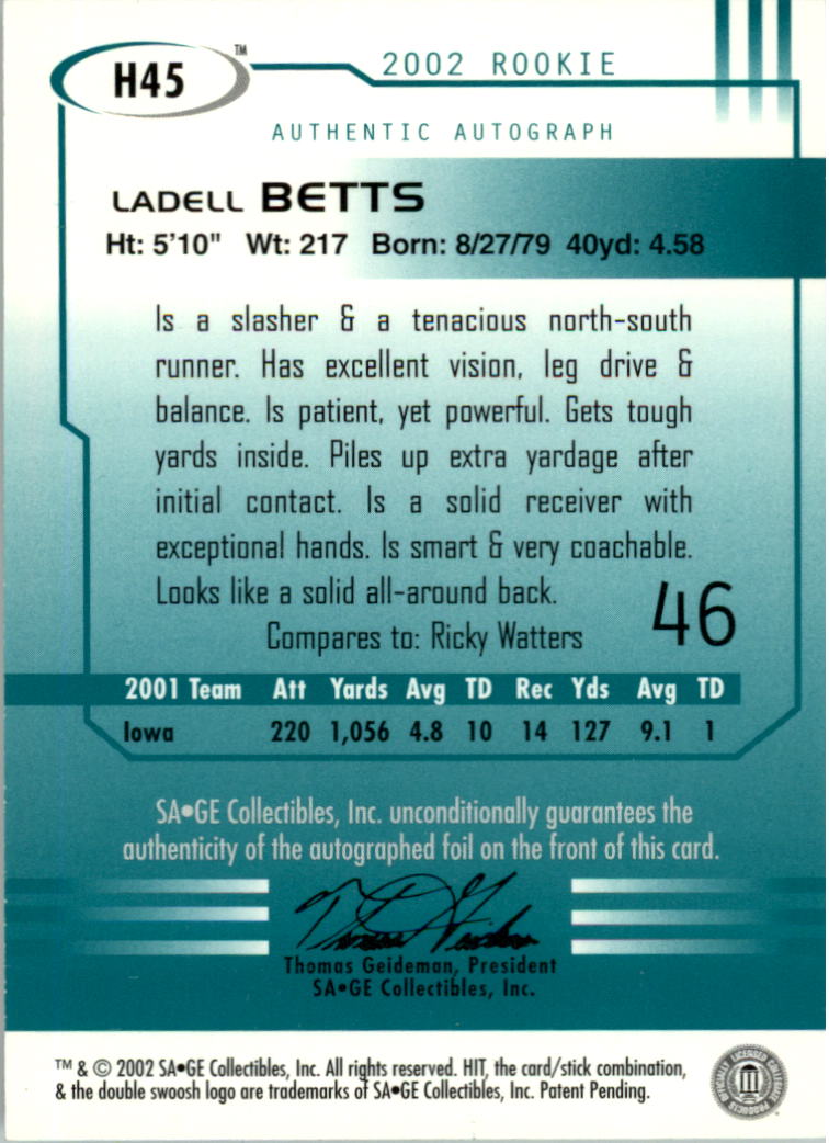 2002 SAGE HIT Autographs Emerald #H45 Ladell Betts back image