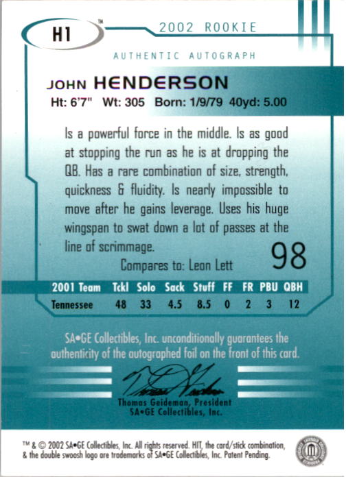 2002 SAGE HIT Autographs Gold #H1 John Henderson back image