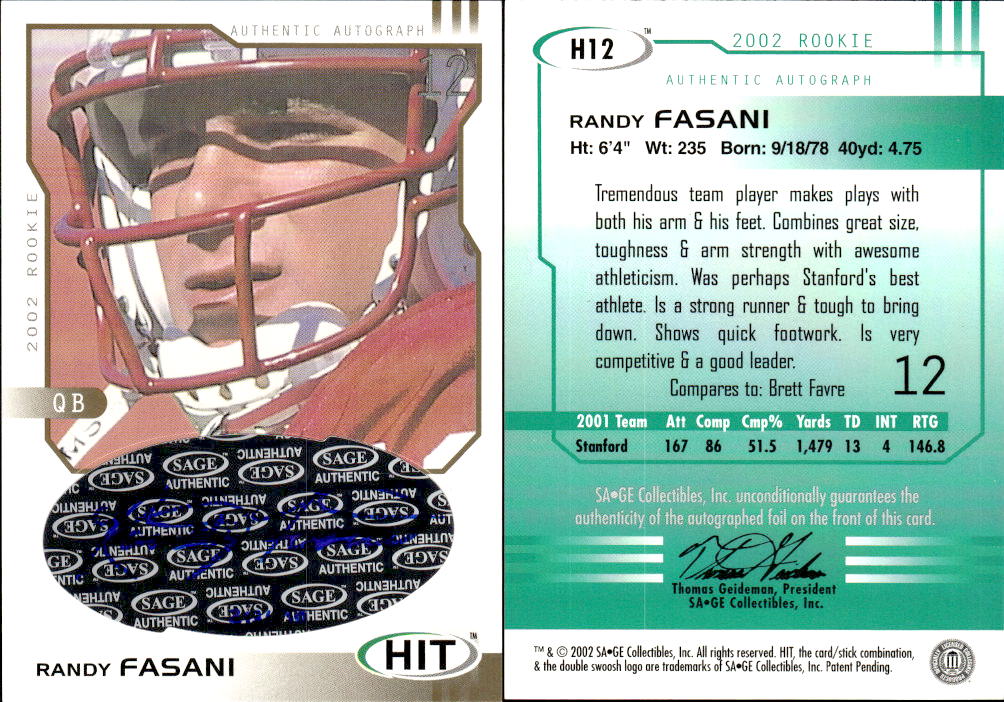 2002 SAGE HIT Autographs Gold #H12 Randy Fasani