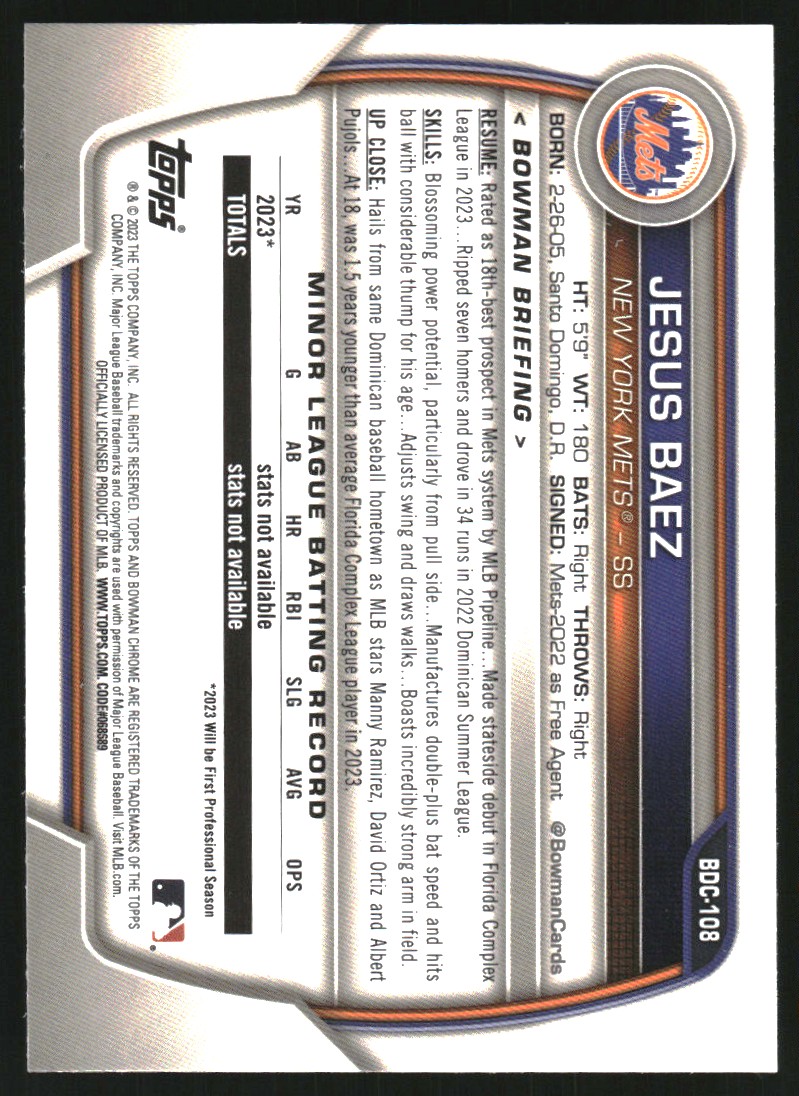 2023 Bowman Chrome Draft #BDC108 Jesus Baez