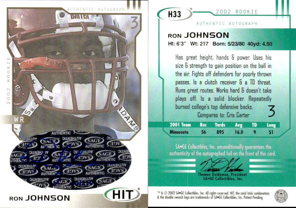 2002 SAGE HIT Autographs Gold #H33 Ron Johnson