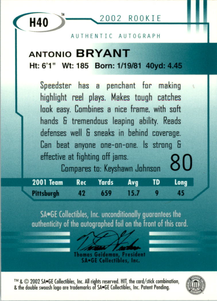 2002 SAGE HIT Autographs Gold #H40 Antonio Bryant back image