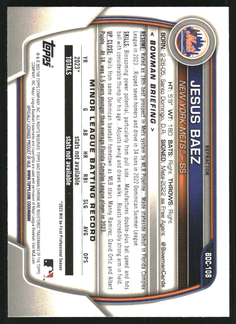 2023 Bowman Chrome Draft Refractors #BDC108 Jesus Baez