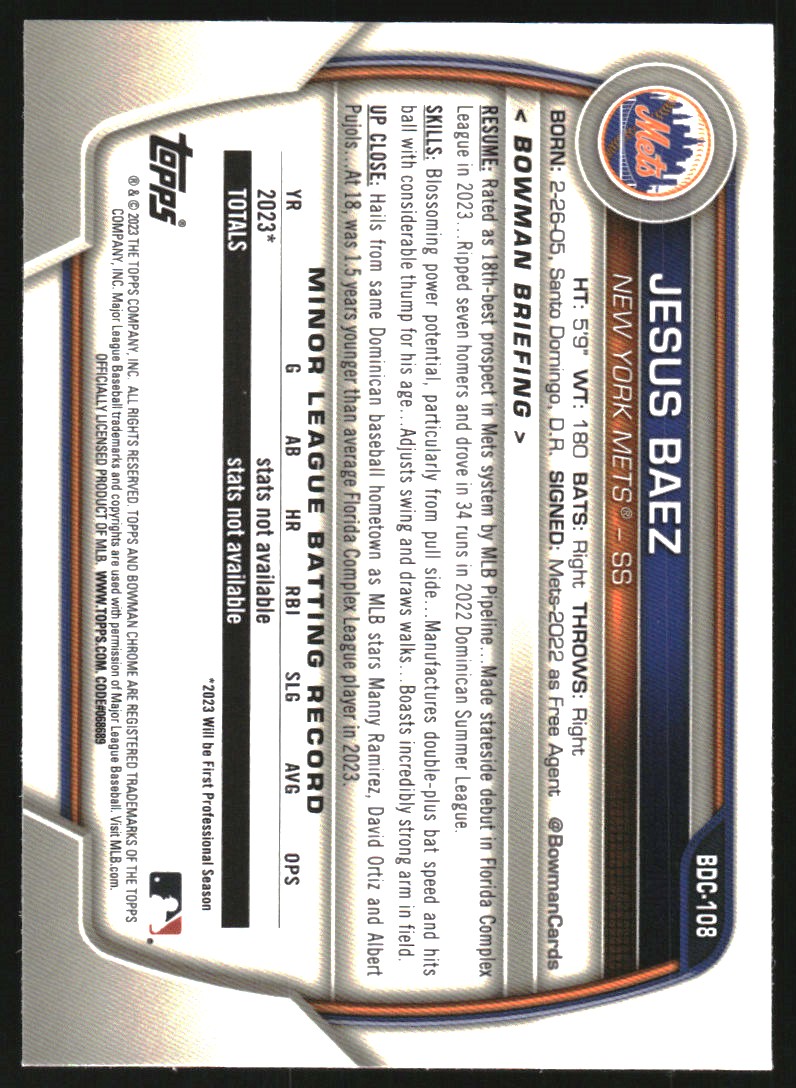 2023 Bowman Chrome Draft Lunar Glow Refractors #BDC108 Jesus Baez