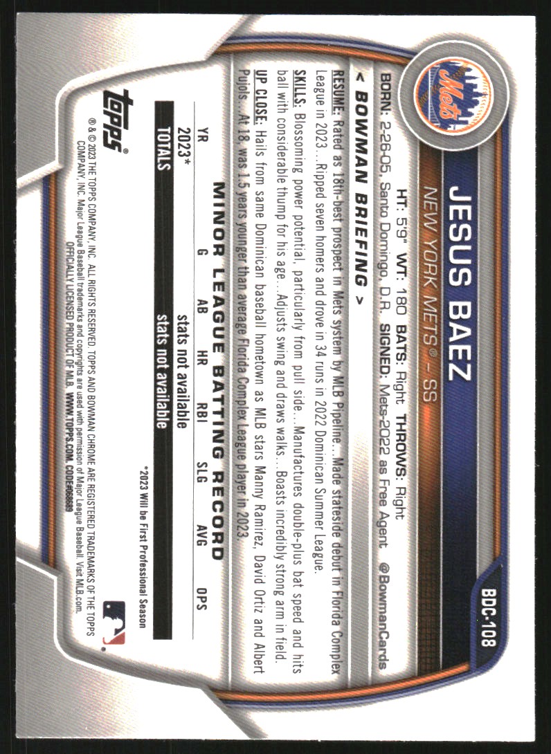 2023 Bowman Chrome Draft Sky Blue Refractors #BDC108 Jesus Baez