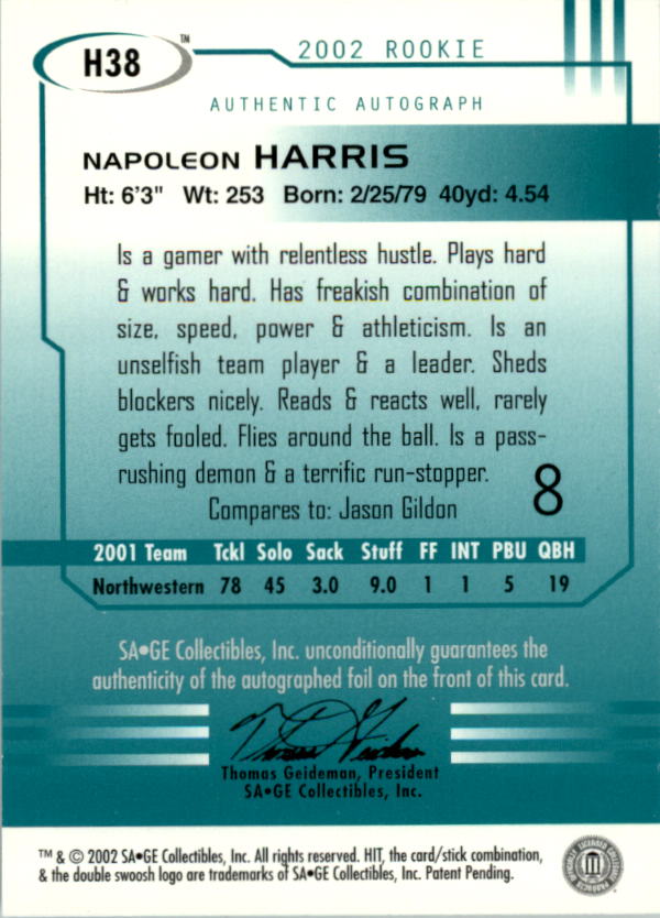 2002 SAGE HIT Autographs Silver #H38 Napoleon Harris back image