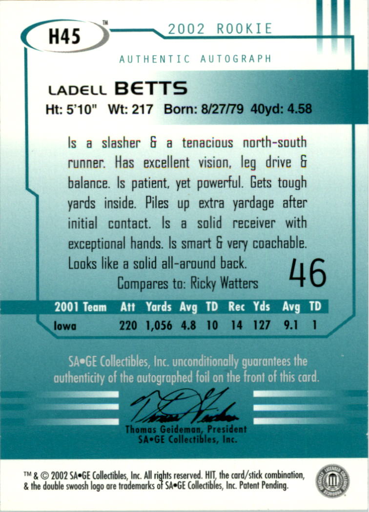 2002 SAGE HIT Autographs Silver #H45 Ladell Betts back image