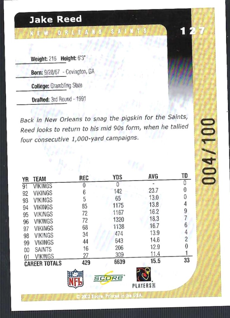 2002 Score Final Score #127 Jake Reed back image