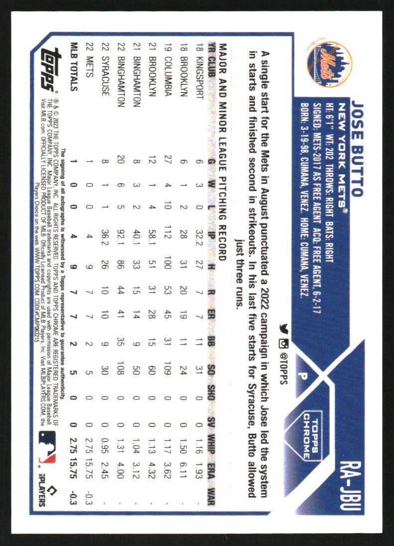 2023 Topps Chrome Update Rookie Autographs Purple Refractors #RAJBU Jose Butto Auto /250