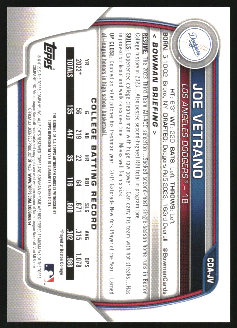 2023 Bowman Chrome Draft Autographs #CDAJV Joe Vetrano