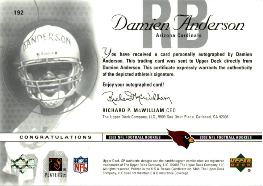 2002 SP Authentic #192 Damien Anderson AU RC back image