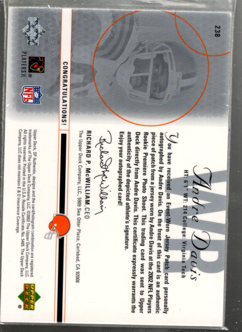 2002 SP Authentic #238 Andre Davis JSY AU RC back image