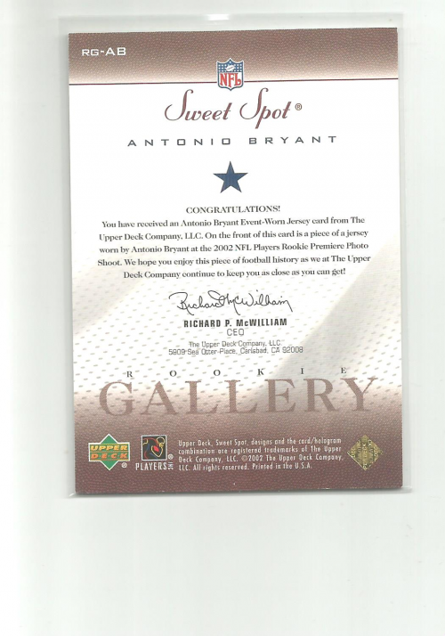2002 Sweet Spot Rookie Gallery Jersey #RGAB Antonio Bryant back image