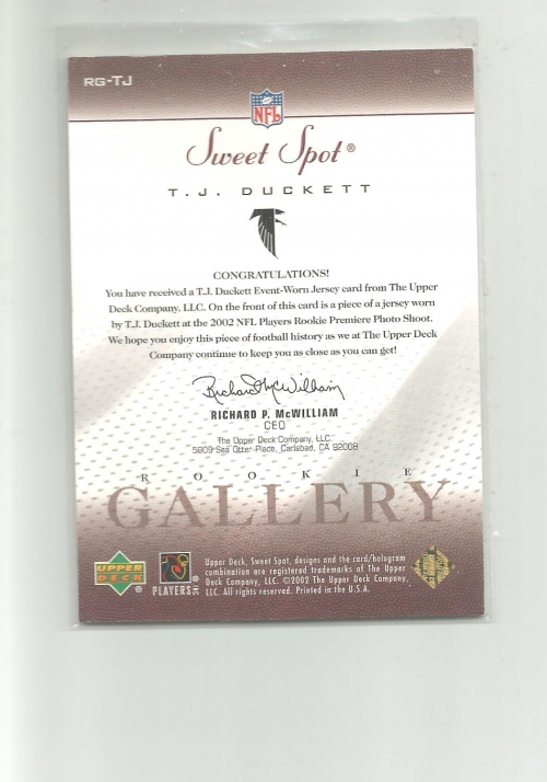 2002 Sweet Spot Rookie Gallery Jersey #RGTJ T.J. Duckett back image