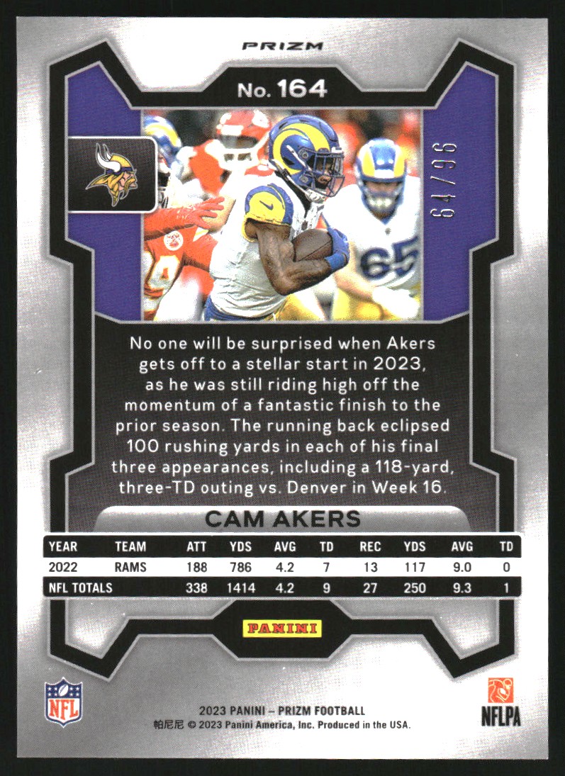 2023 Panini Prizm Prizms Blue Sparkle #164 Cam Akers