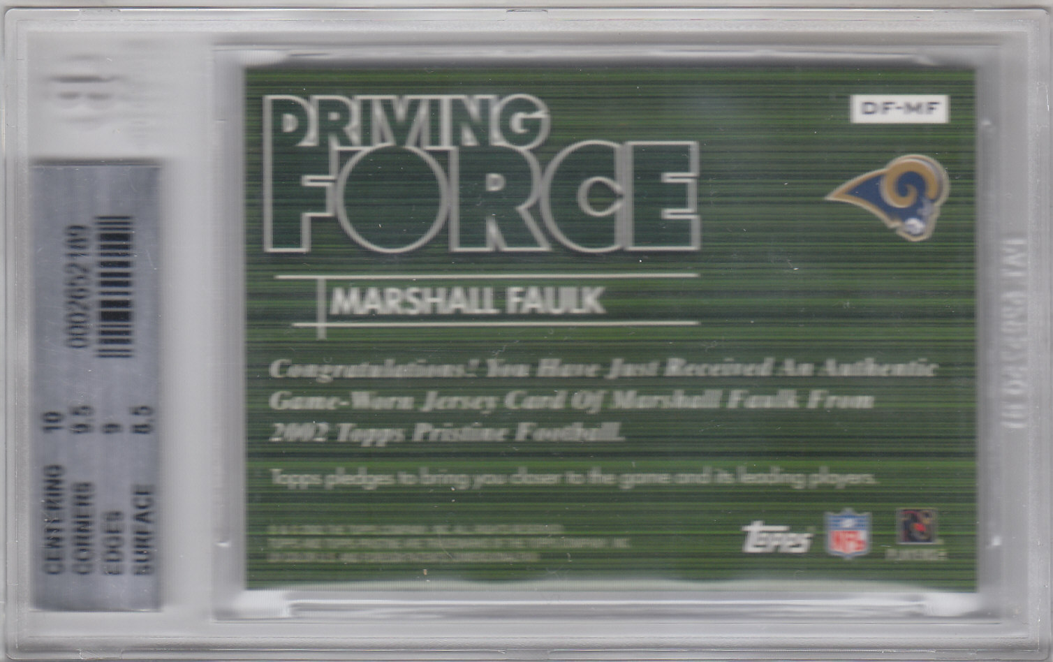 2002 Topps Pristine Driving Force Jerseys #DFMF Marshall Faulk C back image